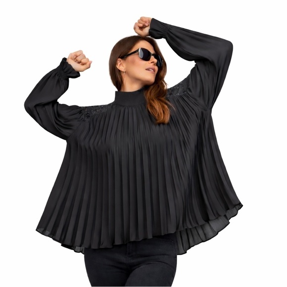 Mustard Seed Tops - Black Pleated Chiffon Blouse | Lace Detail Mock Neck | Medium Romantic Flowy Top
